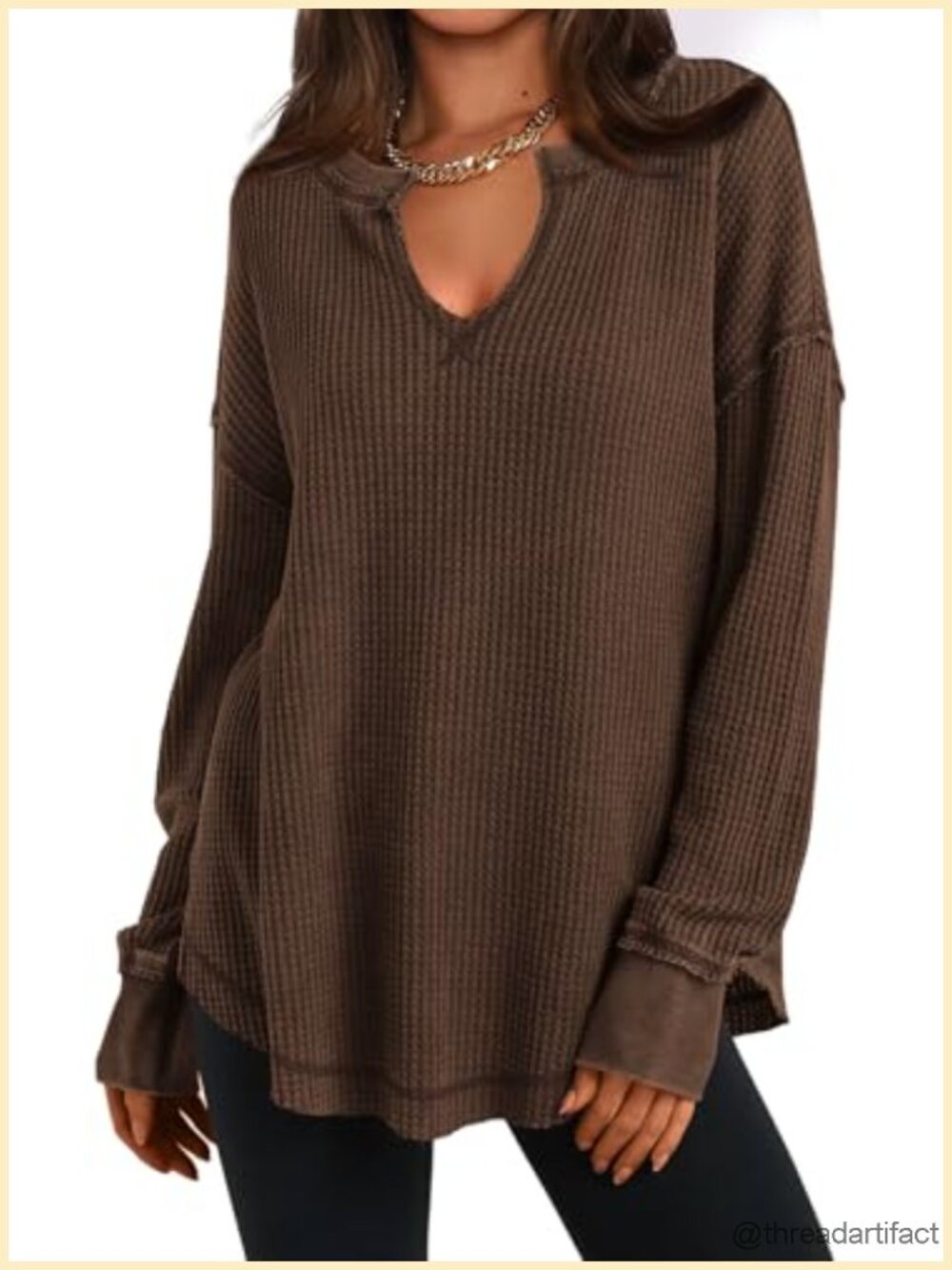 Waffle Knit Long Sleeve Tunic Top Loose Fit V Neck Shirt